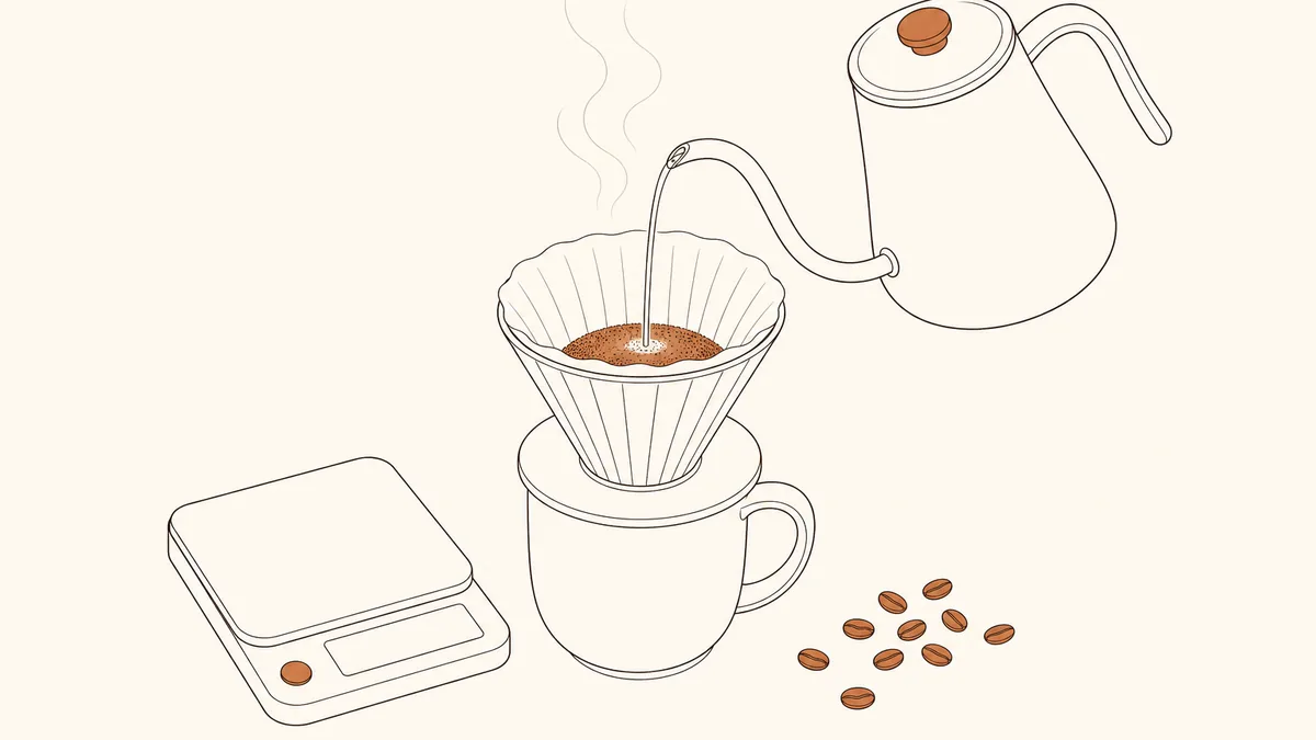 ドリッパーとケトル、スケールでコーヒーを淹れる道具一式のイラスト